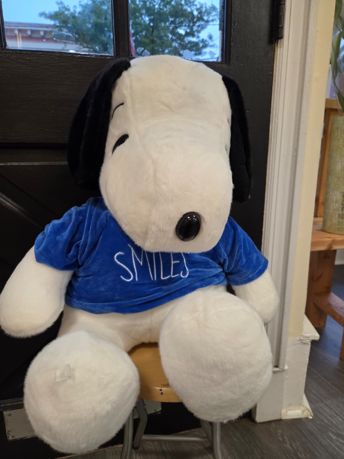 Large Snoopy plush toy wearing a blue shirt that says SMILES