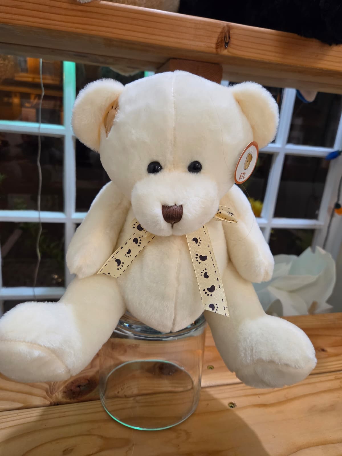 White teddy bear with a paw-print ribbon sitting in a glass container