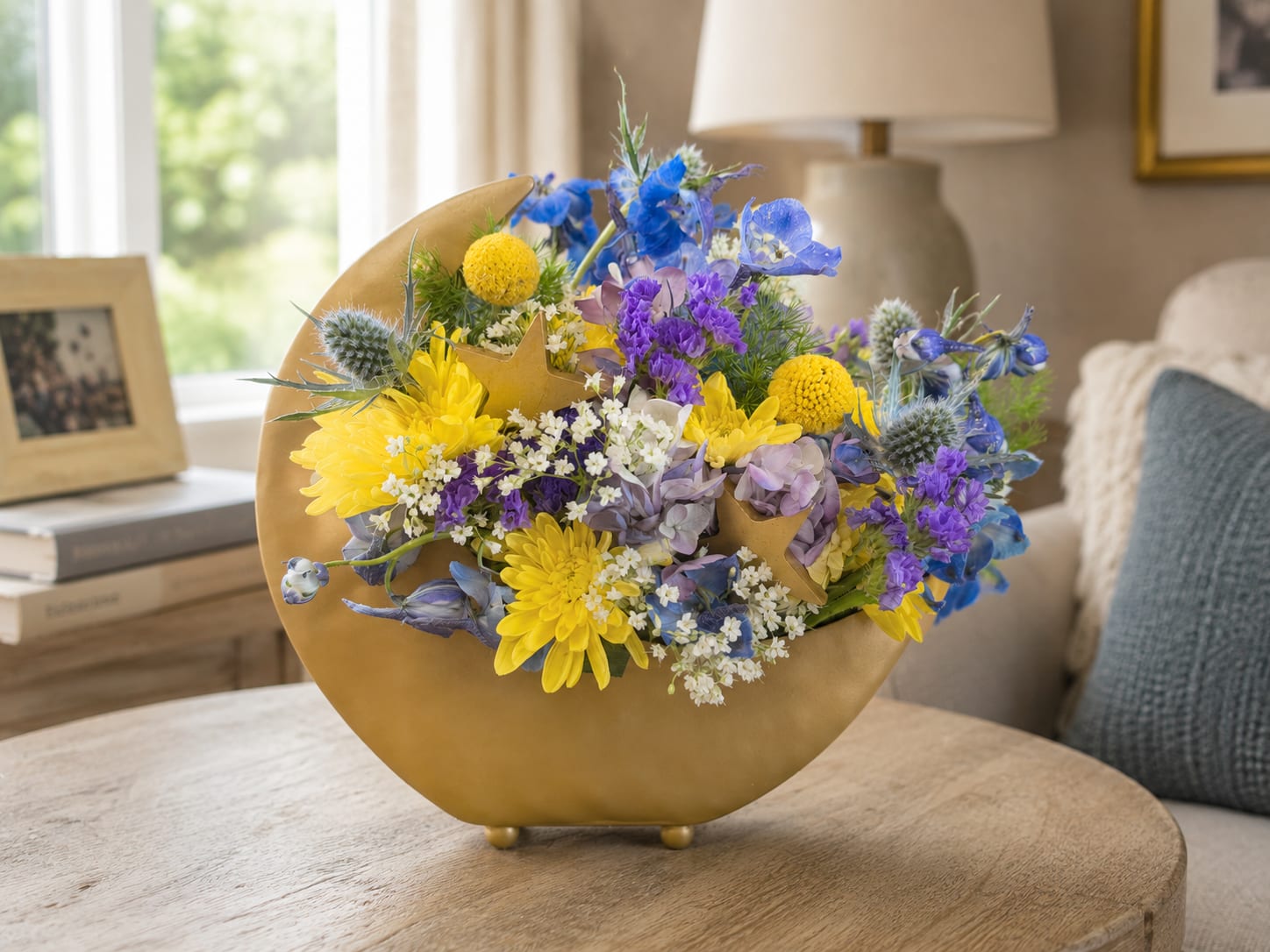 Mixed bouquet in a gold crescent vase with yellow, blue, and purple flowers