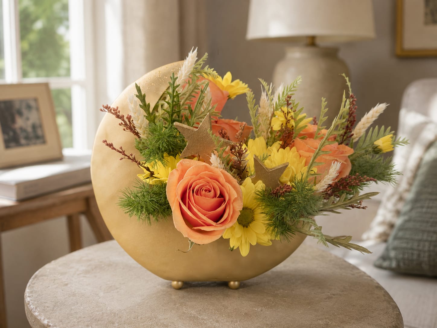 Peach roses and yellow daisies arranged in a gold crescent vase
