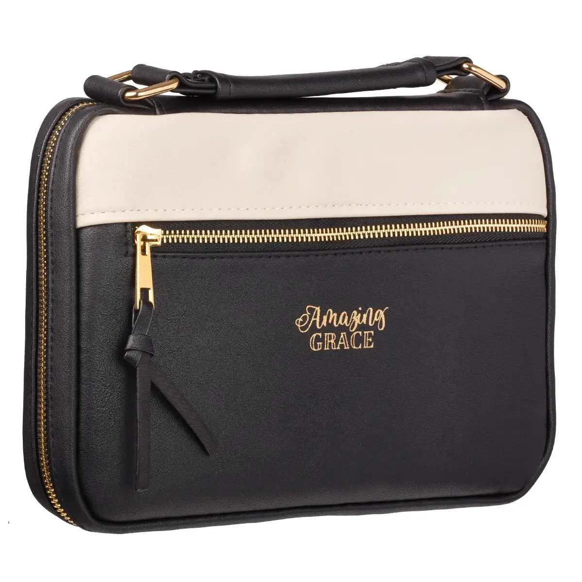 Bible Cover Fashion Black/White Amazing Grace Badge - This classy black-and-tan LuxLeather Bible cover wonderfully reminds you and your loved ones how sweet and amazing the Lord’s grace is. “Amazing Grace,” from the popular hymn, appears on the black-and-tan Amazing Grace LuxLeather Bible Cover. Whether they’re on their way to church, vacation, or class, this Christian Bible cover will protect their Bibles from getting damaged or wet, and also keep all their important notes, writing utensils, and study materials together in one place. Two-Tone LuxLeather Bible cover, Outside Zipper Slip Pocket, Pen Loop   • Made in China • Weight: 9.12 oz (258.55 g) • Dimensions: 10.9 x 8.1 x 2.2 in (27.7 x 20.6 x 5.6 cm)