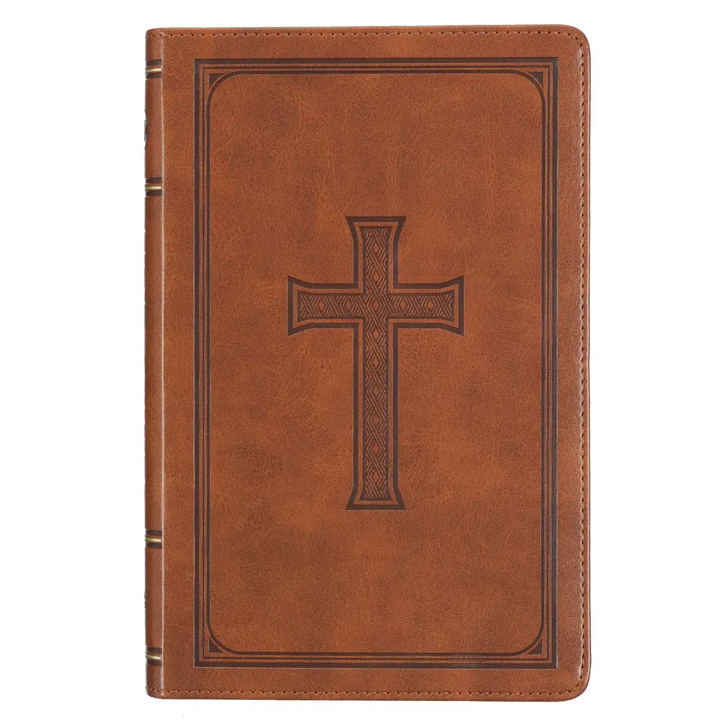 KJV Bible Deluxe Gift Faux Leather, Tan Cross - The Honey-brown Faux Leather King James Version Deluxe Gift Bible combines timeless elegance with a touch of nostalgia. This red-letter edition of the KJV Bible is the perfect gift for a father or grandfather who appreciates the beautiful poetic flow of this translation. Heat-debossed framed Celtic cross design, Honey-brown faux leather, Heat-debossed spine title and version reference, Classic King James Version text, Deluxe Gift Bible, Attached satin ribbon marker, Gilt-edged pages, Thumb index, Flexcover, Lay-flat spine, Double-column format, Reader-friendly subheadings, Words of Christ in red ink, Thematic Scripture verse finder, One-year Bible reading plan, 8 full-color maps, Presentation page, 1016 pages, Text size: 9-point type, Packaged in full-color printed cardboard sleeve, Size: 8.7" x 5.7" x 1.1" (221 x 145 x 28 mm) 