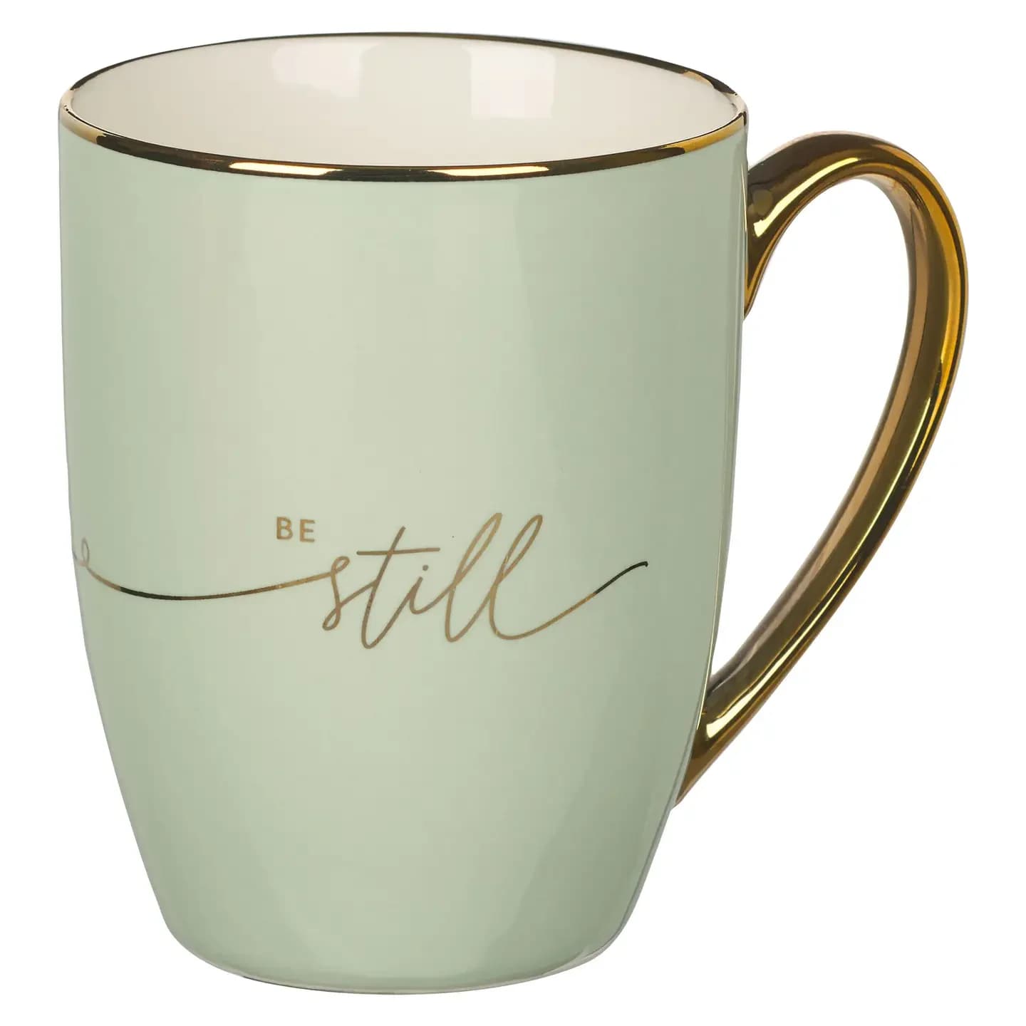 Mug Mint/Cream Be Still &amp; Know - The Be Still Soft Green and Gold Ceramic Coffee Mug is a charming addition to any home, kitchen, or office setting. Its subtle, muted color and uplifting message provide a calming touch to start the day and inspire a positive outlook on life. This beautiful mug would be a cherished possession for any woman and bring blessings and joy to her daily routine.  Soft green background, Gold-foiled text, Be still and know, Ceramic mug, Metallic gold rim and handle, Milky white interior, Not microwave and dishwasher safe due to delicate foil, Handwash recommended, Packaged in a tuck-top Kraft cardboard box, Packaging dimensions: 4.4" x 4.7" x 3.5" (112 x 119 x 89mm) Capacity: 12 fl. oz. (355 ml)