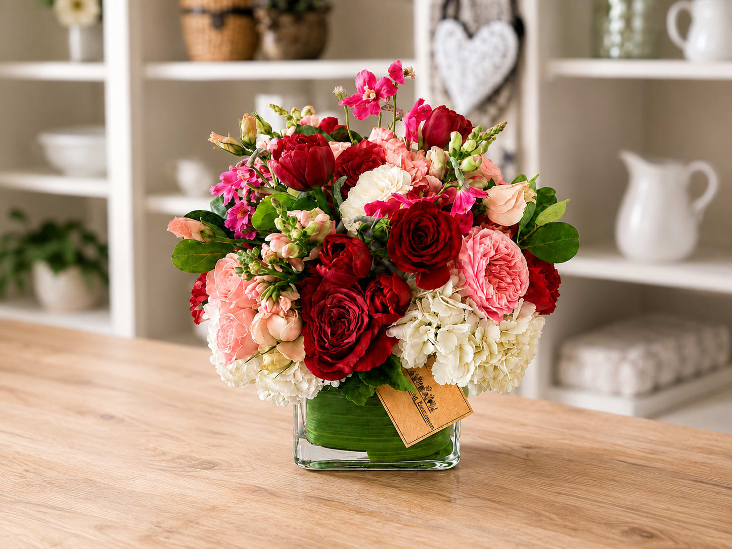 Red, pink, and white bouquet in a square glass vase
