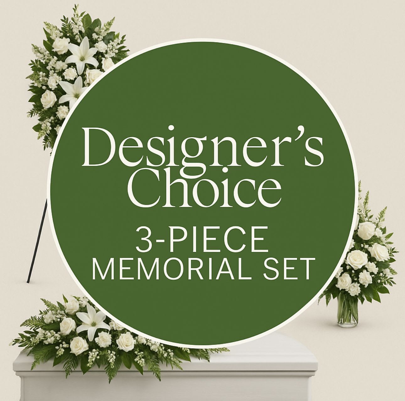 White floral memorial set with lilies and roses around a green sign