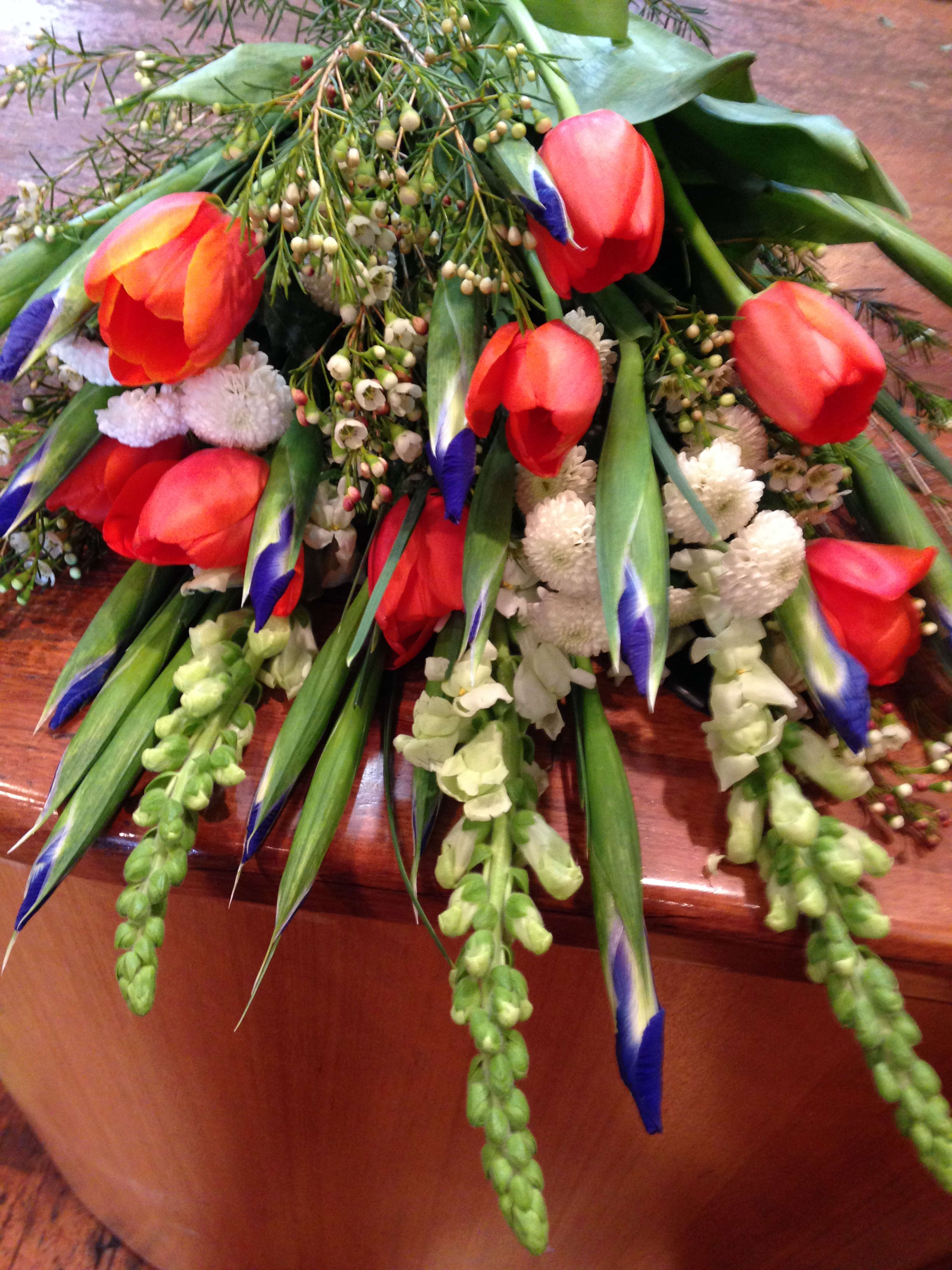 Loose bouquet of red tulips, blue-tipped iris, white flowers, and green snapdragons draped on a wooden surface