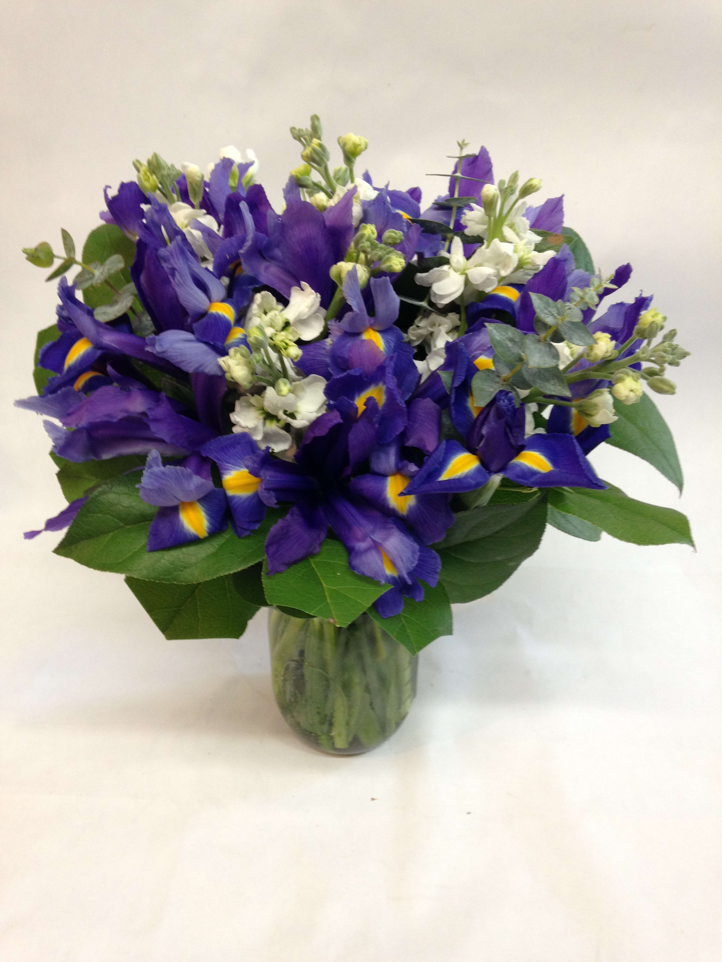 Purple iris bouquet in a glass vase with white accent flowers