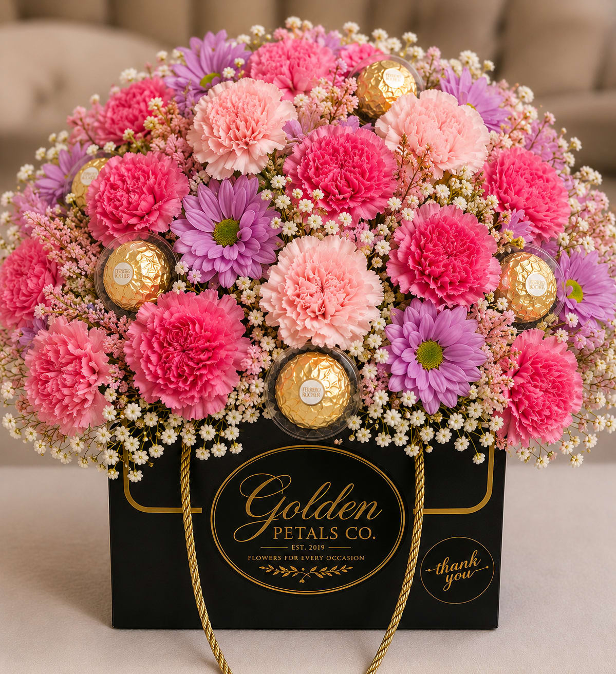 Pink and purple flower arrangement in a black gift box with gold chocolates
