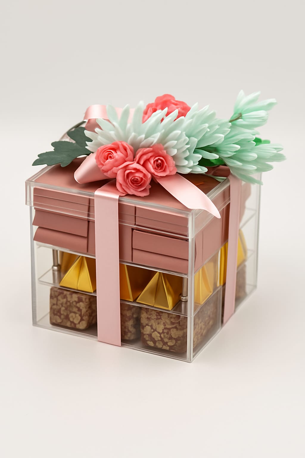 Gift box topped with pink and mint artificial flowers and a ribbon