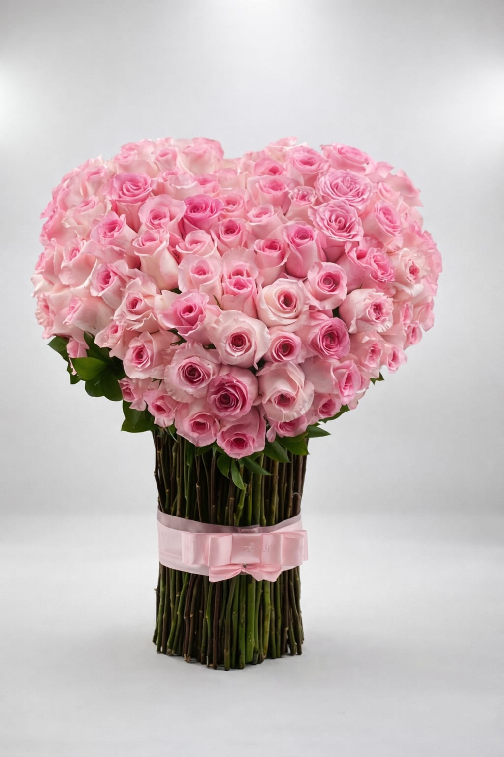 Large bouquet of pink roses tied with a pink ribbon
