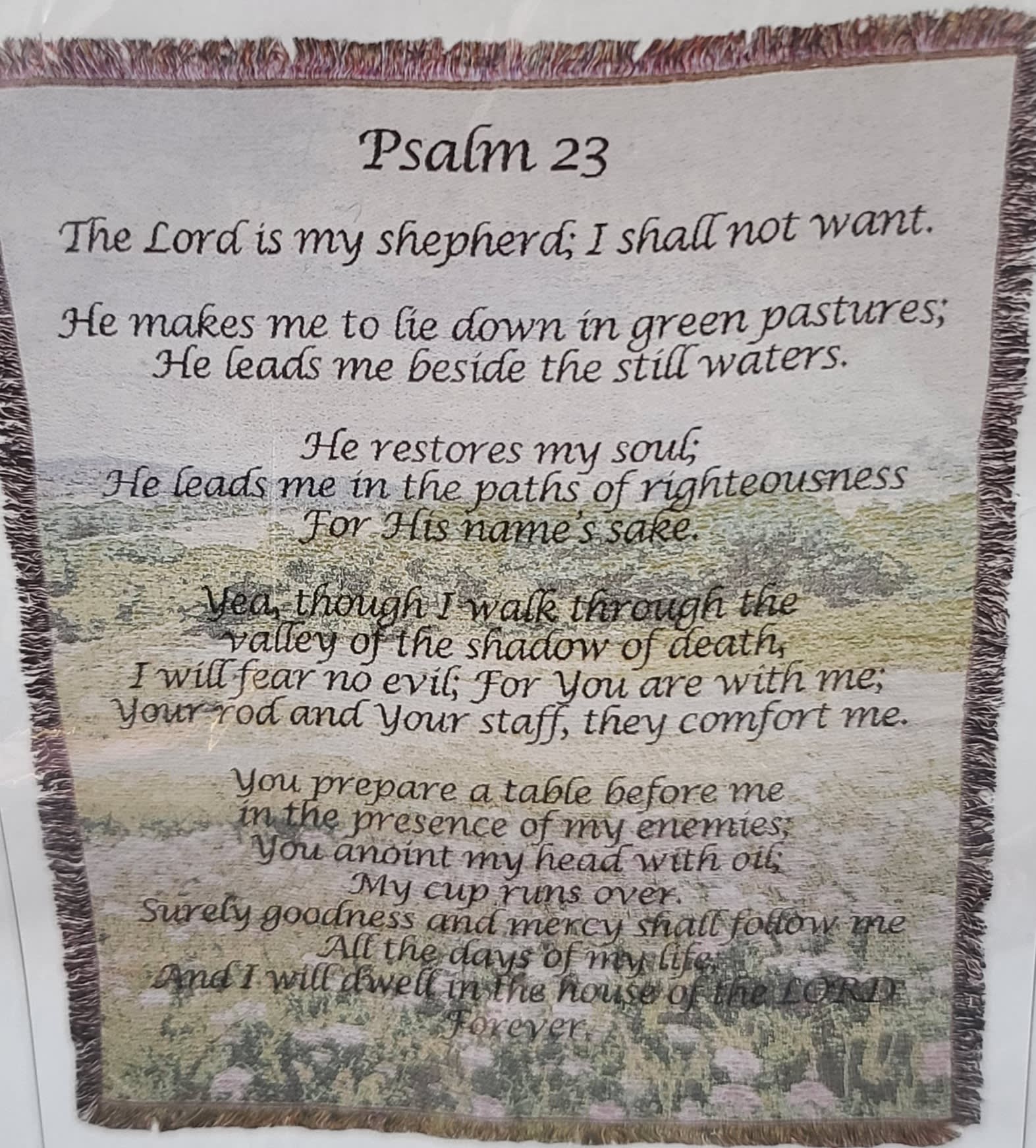 Fringed wall hanging with Psalm 23 text over a pastoral scene