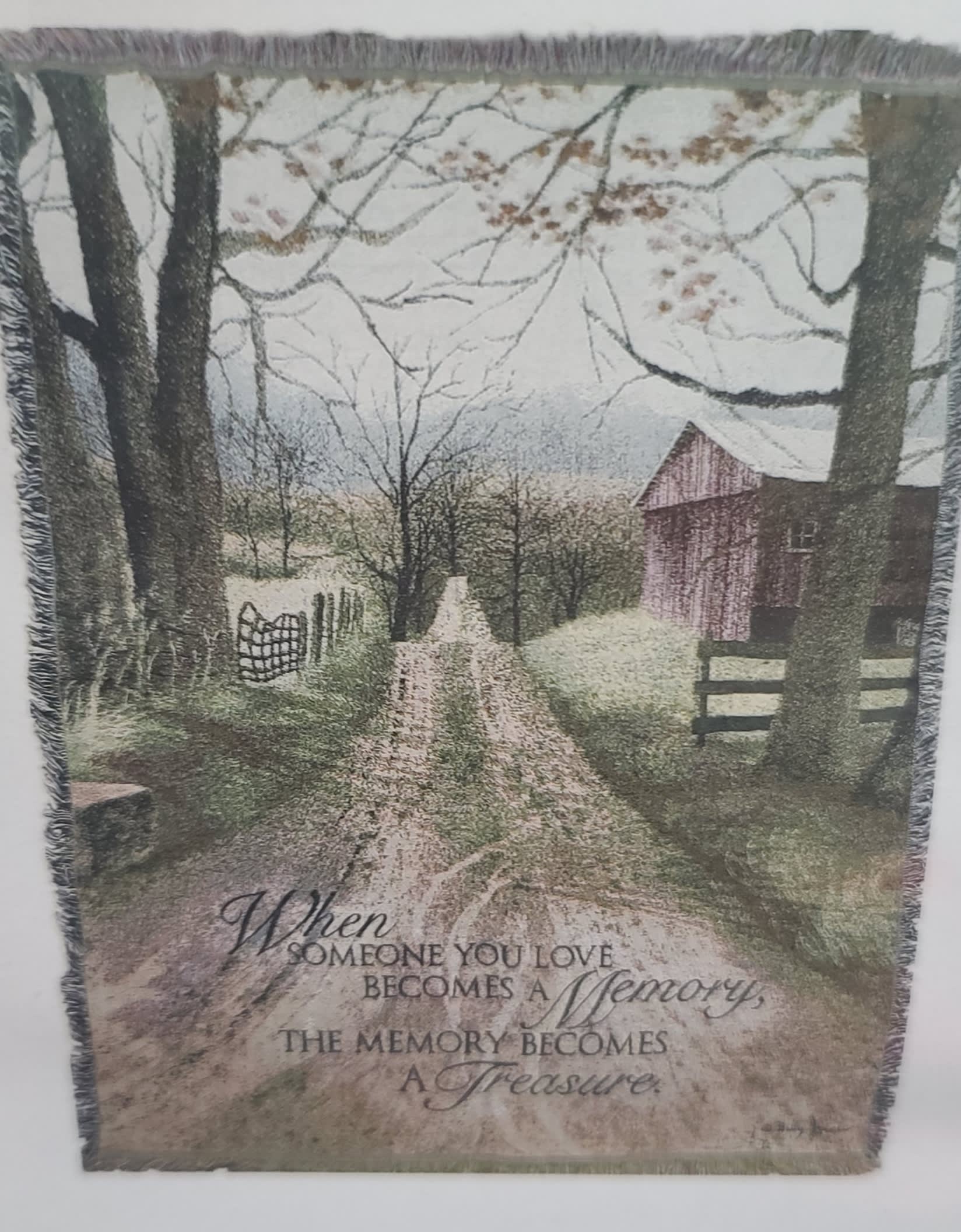 Fringed throw blanket with a rustic barn and memorial quote