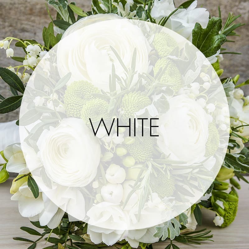 White floral bouquet with round blooms and greenery