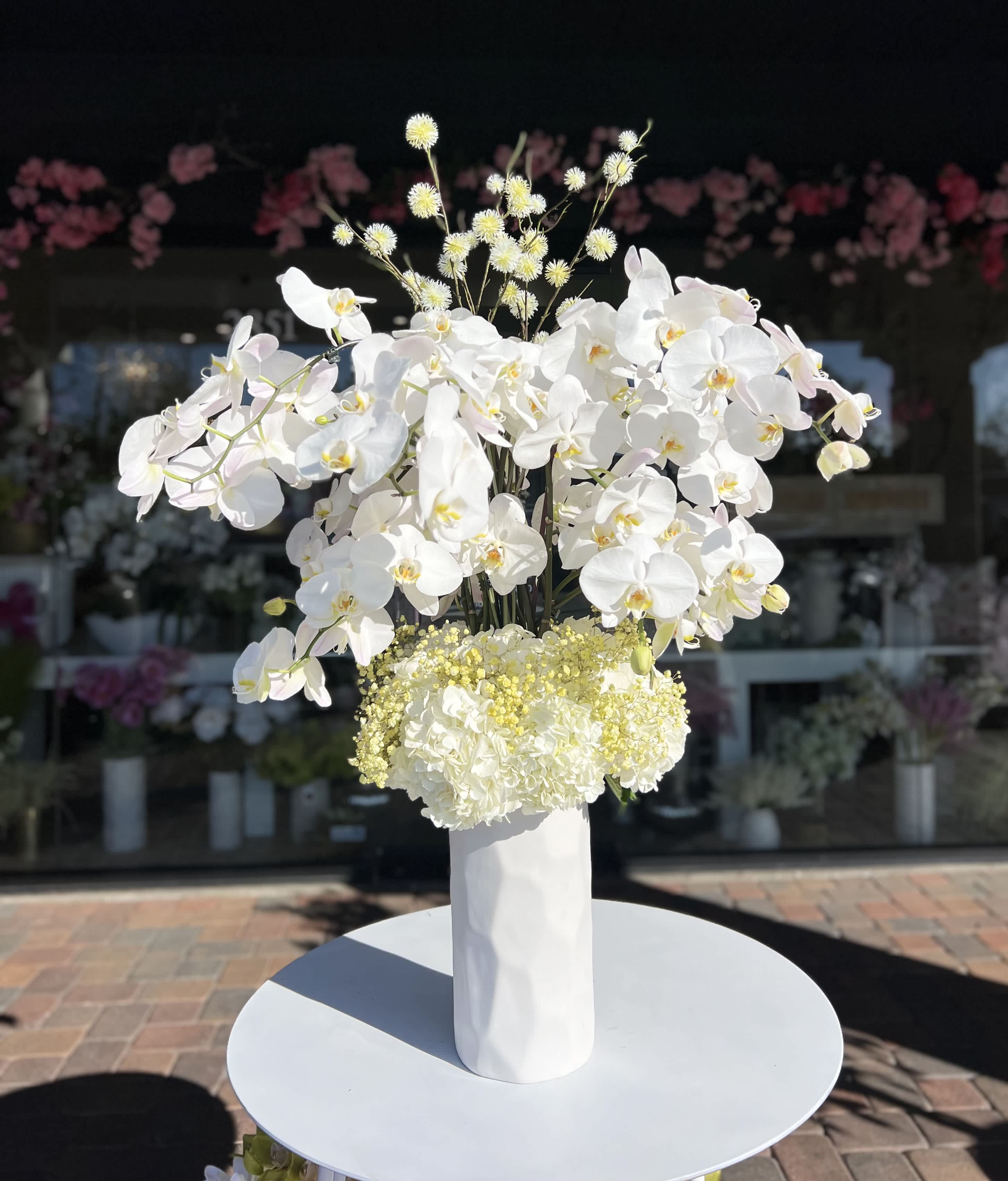 White orchid arrangement in a tall white vase