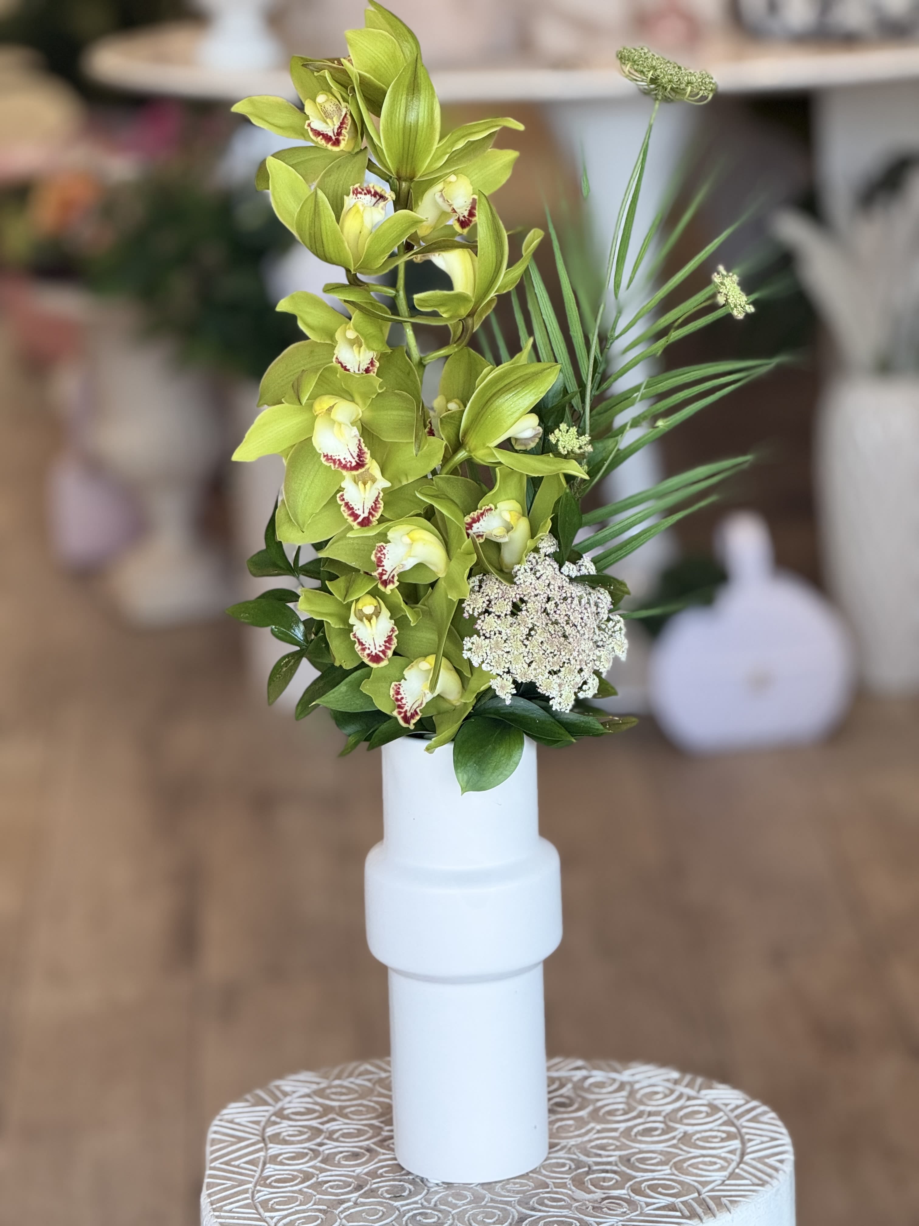 Splendid Orchid - Cymbidium orchid in tall vase with greenery and curly willow (other colors available)