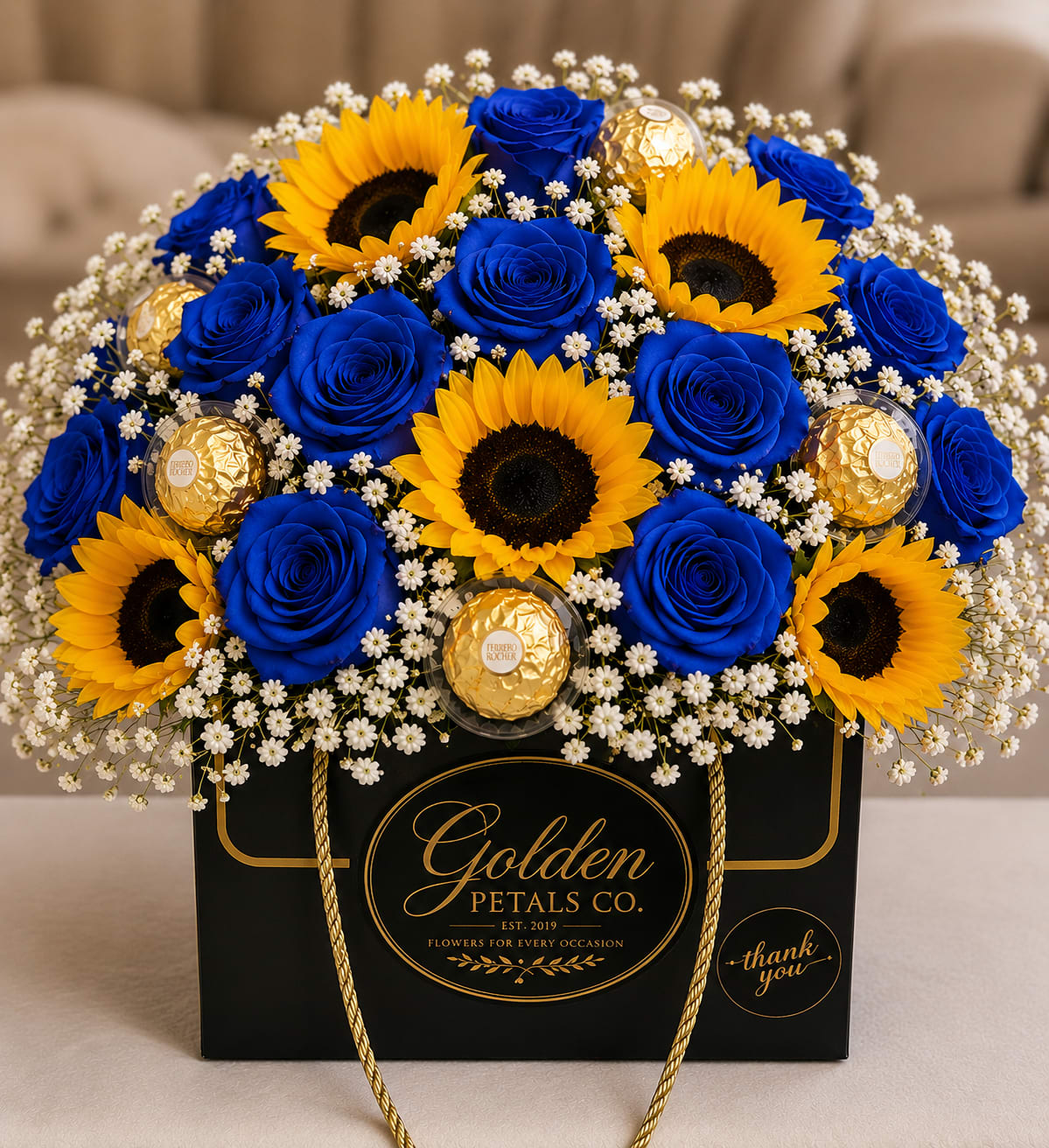 Blue roses and sunflowers arranged with gold chocolates in a black gift bag