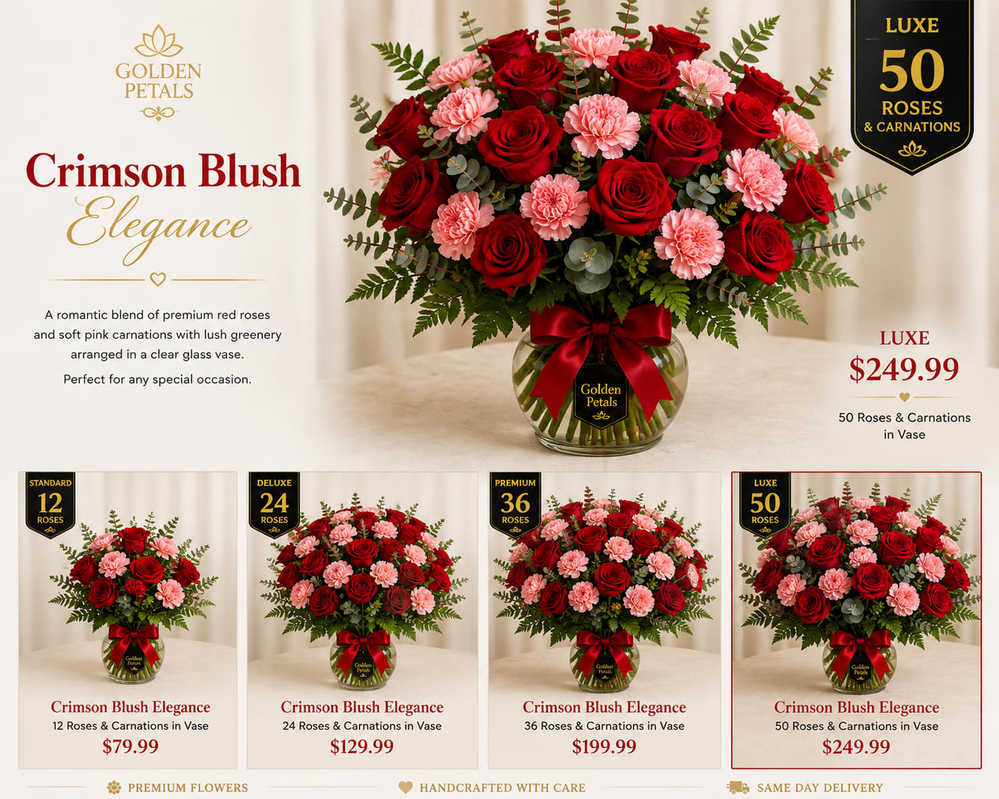Red roses and pink carnations arranged in a clear glass vase with a ribbon.