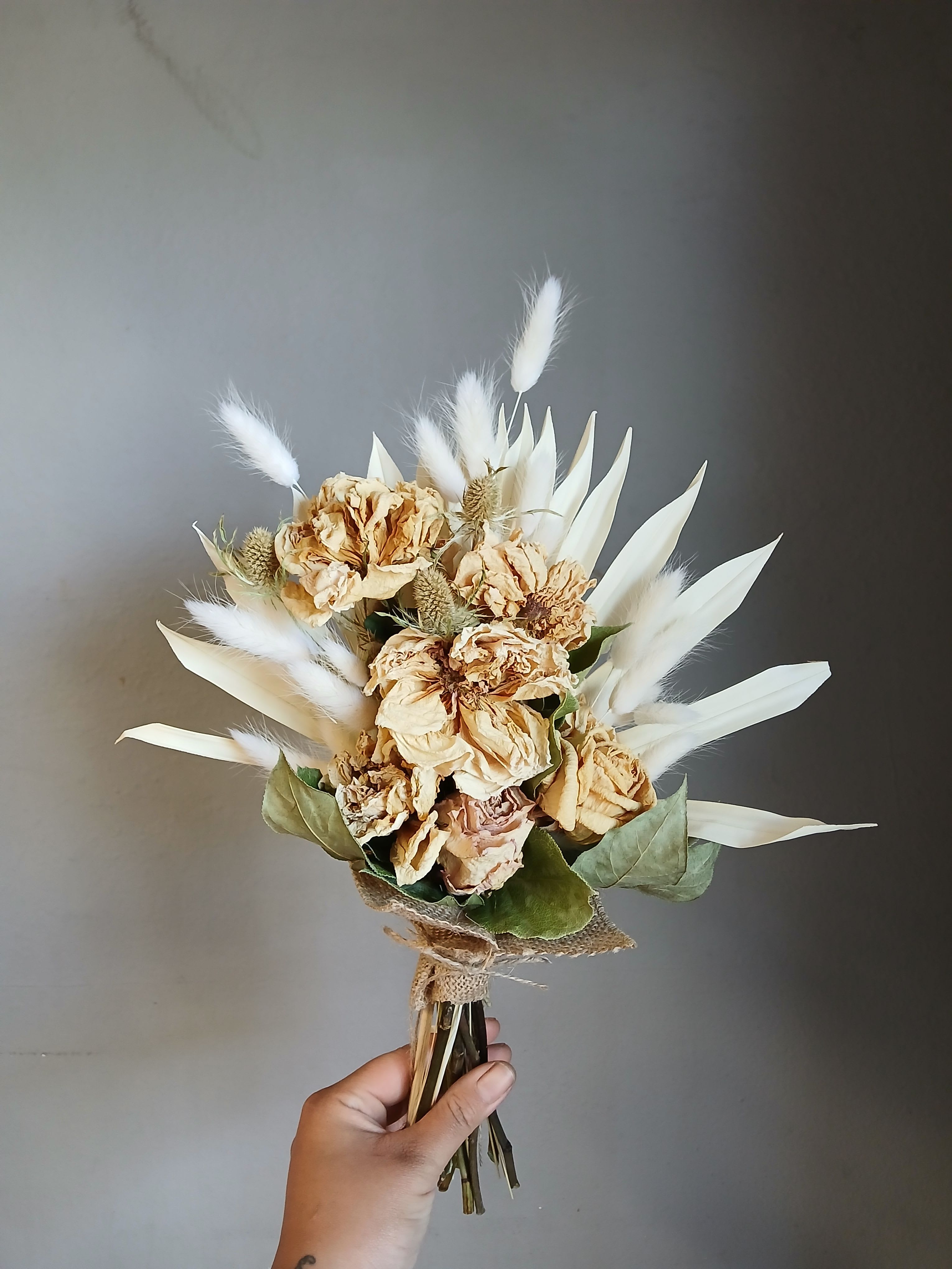 Dried Flower Bouquet #2 - Dried beige roses with white accents and pampas grass, wrapped in burlap and twine for a rustic, airy bouquet perfect for home decor or a thoughtful, neutral-toned gift