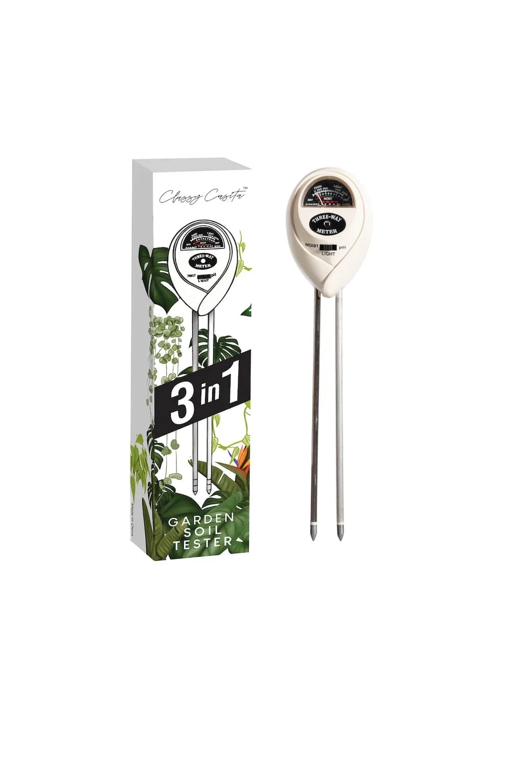 Garden soil tester with packaging and two metal probes