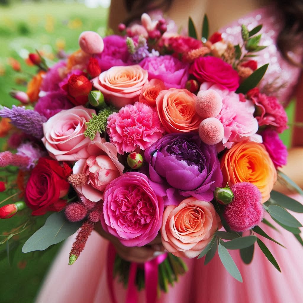 Vibrant Harmony Bouquet - Experience the symphony of colors with the Vibrant Harmony Bouquet. This exquisite arrangement features a rich palette of deep purples, soft pinks, vivid oranges, and delicate peach tones. The bouquet includes a variety of blooms such as roses, peonies, and other complementary flowers, all enhanced by lush greenery that adds texture and depth.