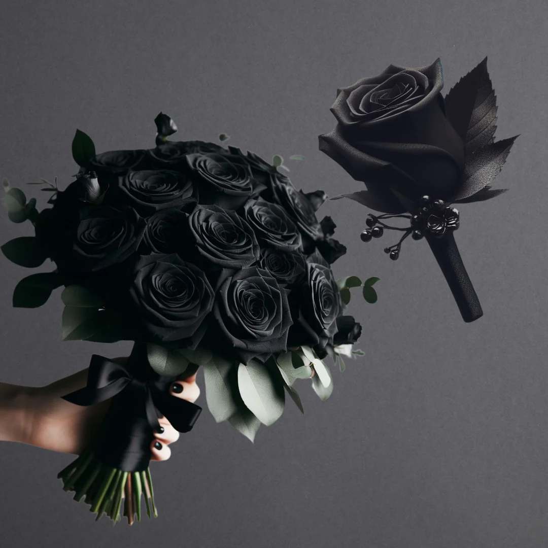 Elegance in Darkness Bridal Package - If you are looking for something unique and stunning, look no further than the Elegance in Darkness Bridal Bouquet and Boutonniere. This package features a black bridal bouquet and boutonniere, perfect for your dark wedding. THIS PRODUCT CONTAINS PAINT, STAINS, AND/OR DYES TO PRESERVE THE COLOR THEME PRESENTED HERE. FLOWERS MAY EMIT FUMES. THE COLORS DEPICTED HERE DO NOT OCCUR IN NATURE. ALL SALES ARE FINAL. PLEASE CONTACT US FOR QUESTIONS REGARDING THIS ARRANGEMENT.  Floral Arrangement Disclaimer: This bridal bouquets includes one dozen (12) fresh roses, complemented by a selection of greens and fillers, providing exceptional value. Each boutonniere features one (1) fresh rose, accompanied by greens and fillers. All arrangements are adorned with ribbons or bows to enhance the overall aesthetic. Please note that the photos provided are for illustrative purposes only and do not reflect the final product. Variations in color, fullness, greenery, and flower availability may occur due to the nature of fresh flowers and seasonal availability. Our dedicated team of designers will ensure you receive fresh, high-quality flowers for your special day. In the event that substitutions need to be made, we will contact you to discuss the changes. We appreciate your understanding and look forward to creating beautiful floral arrangements for your event.