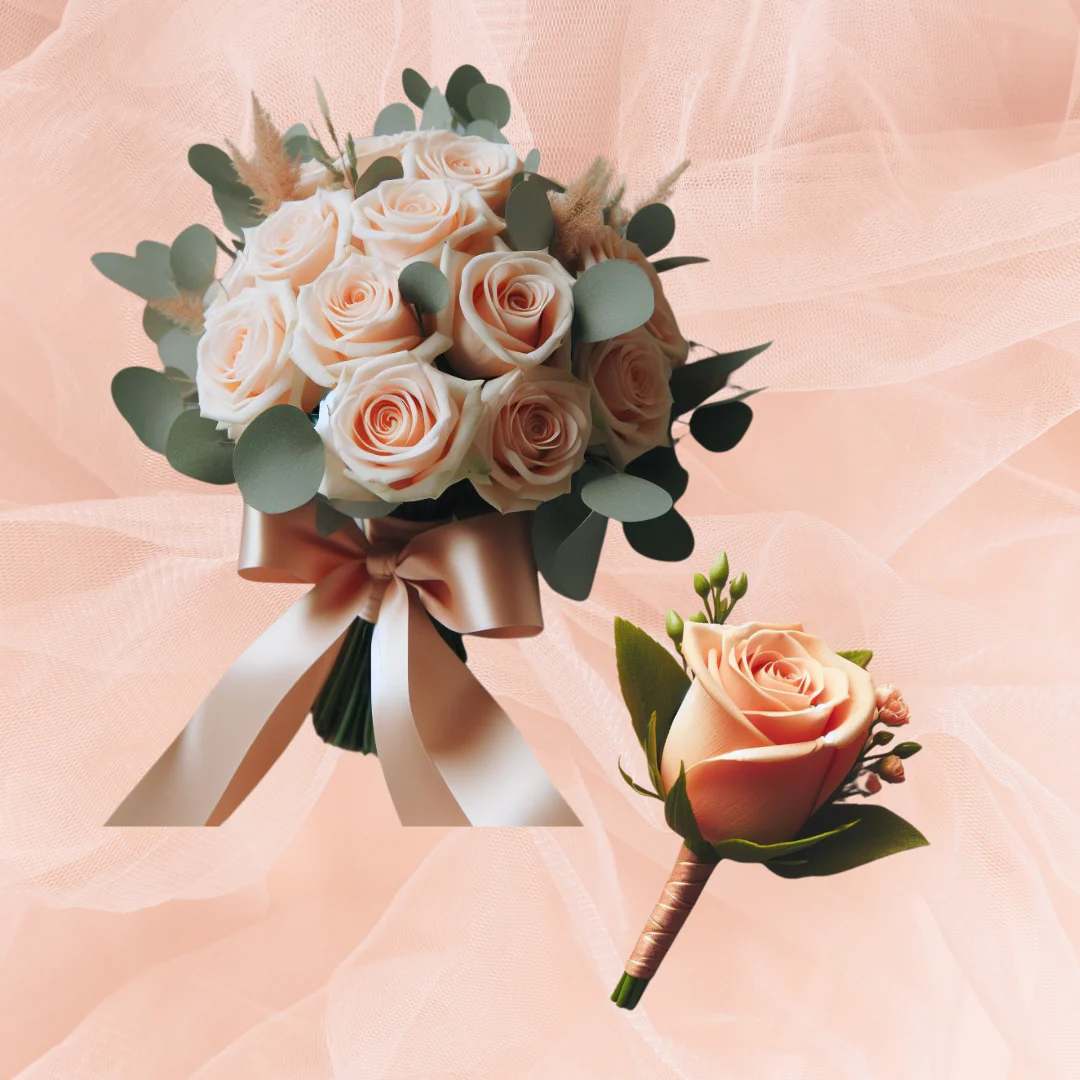 Peach Rose Bridal Bouquet and Boutonniere Package - This exquisite bridal bouquet and boutonniere set is a celebration of elegance and romance, perfect for your special day. The bouquet is a stunning arrangement of lush, velvety peach roses, hand-picked for their size, color, and freshness. Each rose is expertly arranged to create a full, vibrant bouquet that exudes a soft, romantic charm. The accompanying boutonniere mirrors the bouquet's elegance with a single, perfectly bloomed peach rose. It's a subtle yet striking accessory that adds a touch of sophistication to the groom's attire. Both the bouquet and boutonniere are hand-tied with a luxurious satin ribbon, adding a final touch of elegance.   Floral Arrangement Disclaimer: This bridal bouquets includes one dozen (12) fresh roses, complemented by a selection of greens and fillers, providing exceptional value. Each boutonniere features one (1) fresh rose, accompanied by greens and fillers. All arrangements are adorned with ribbons or bows to enhance the overall aesthetic. Please note that the photos provided are for illustrative purposes only and do not reflect the final product. Variations in color, fullness, greenery, and flower availability may occur due to the nature of fresh flowers and seasonal availability. Our dedicated team of designers will ensure you receive fresh, high-quality flowers for your special day. In the event that substitutions need to be made, we will contact you to discuss the changes.  