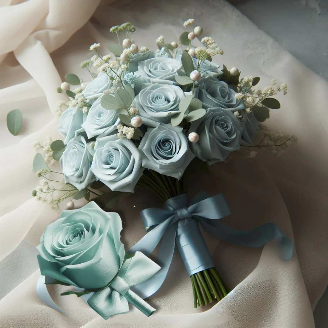 Sky Blue Bridal Bouquet and Boutonniere Package - When it comes to your love and commitment, the sky's the limit. Add a pop of color with this unique bridal bouquet and boutonniere package, featuring roses, dyed sky blue and matching ribbons. If you're looking for "something blue", look no further than this Sky Blue Bridal Bouquet and Boutonniere package. THIS PRODUCT CONTAINS PAINT, STAINS, AND/OR DYES TO PRESERVE THE COLOR THEME PRESENTED HERE. FLOWERS MAY EMIT FUMES. THE COLORS DEPICTED HERE DO NOT OCCUR IN NATURE. ALL SALES ARE FINAL. PLEASE CONTACT US FOR QUESTIONS REGARDING THIS ARRANGEMENT.   Floral Arrangement Disclaimer: This bridal bouquets includes one dozen (12) fresh roses, complemented by a selection of greens and fillers, providing exceptional value. Each boutonniere features one (1) fresh rose, accompanied by greens and fillers. All arrangements are adorned with ribbons or bows to enhance the overall aesthetic. Please note that the photos provided are for illustrative purposes only and do not reflect the final product. Variations in color, fullness, greenery, and flower availability may occur due to the nature of fresh flowers and seasonal availability. Our dedicated team of designers will ensure you receive fresh, high-quality flowers for your special day. In the event that substitutions need to be made, we will contact you to discuss the changes. We appreciate your understanding and look forward to creating beautiful floral arrangements for your event.