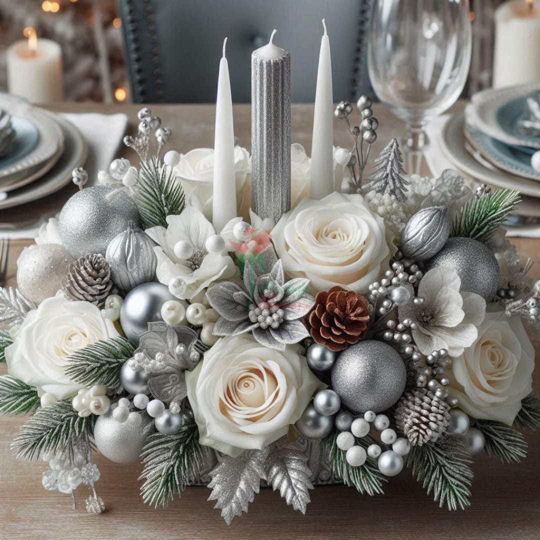 Snowfall Centerpiece - Snowfall is a serene and elegant centerpiece that captures the essence of a winter wonderland. This arrangement features pristine white roses, delicate holiday berries, and rustic pinecones, all beautifully arranged in a clear vase. The addition of a tapered silver candle adds a touch of frosty elegance and creates a soft, enchanting glow. Perfect for holiday gatherings or any special occasion, this centerpiece will bring a touch of winter magic and sophistication to your table.  Standard 1 candle Deluxe 2 candles Premium 3 candles