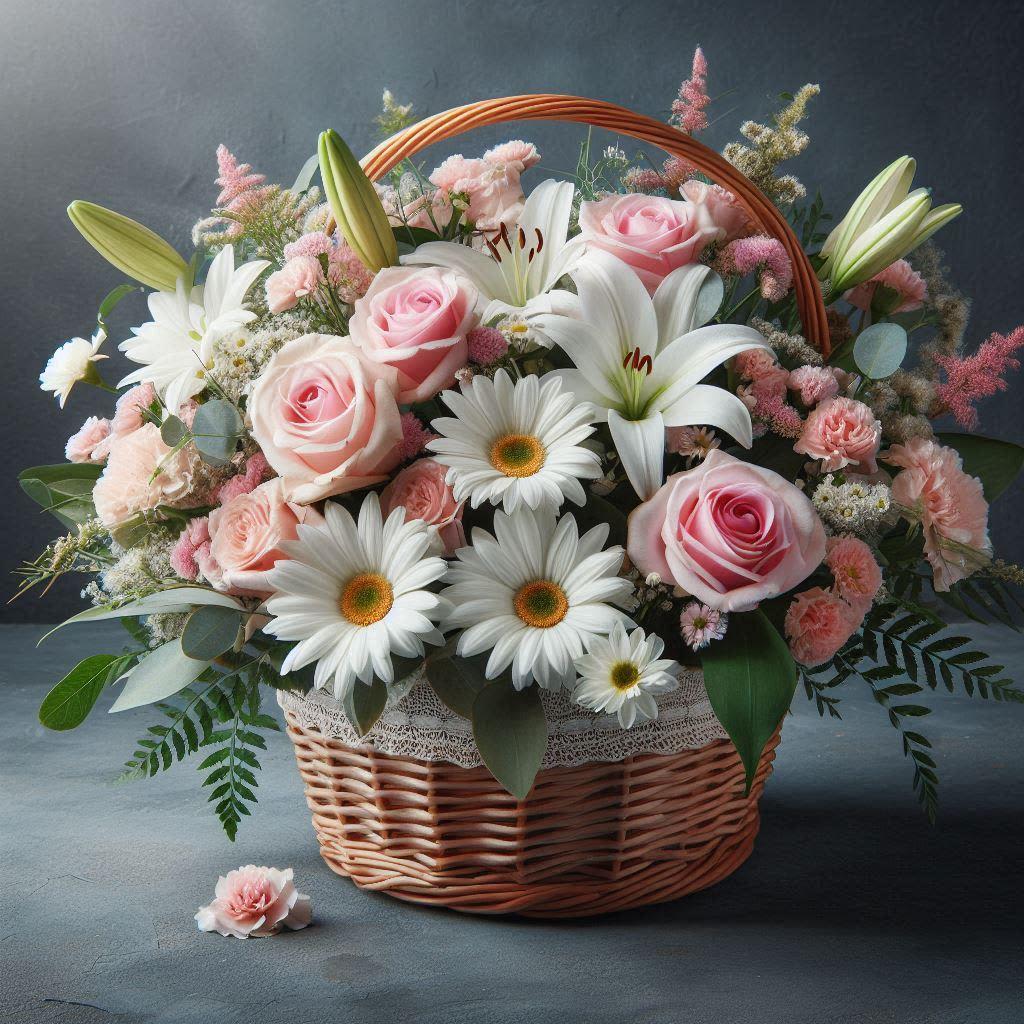 Basket arrangement of pink roses, white lilies, and daisies