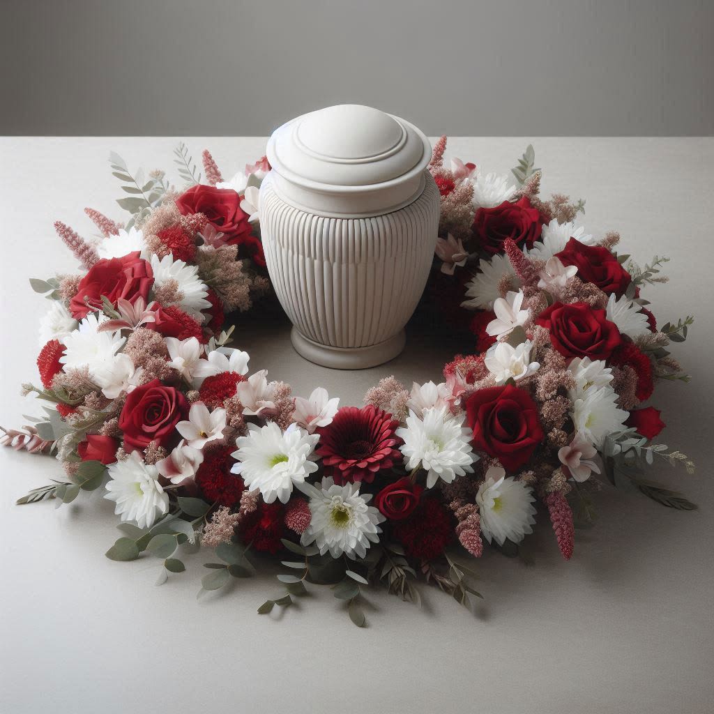 Everlasting Love Cremation Adornment - Express your deepest sympathies and honor the memory of a loved one with our Everlasting Love Adornment. This heartfelt 12" wreath features a beautiful combination of vibrant red roses and cheerful red gerbera daisies, symbolizing love and admiration. The arrangement is thoughtfully accented with pure white daisies, representing peace and innocence, and delicate pink alstroemeria, adding a touch of grace and compassion.  Designed to offer comfort and convey heartfelt condolences, this adornment brings together a serene array of blooms that create a soothing and elegant tribute. Each flower is carefully chosen and arranged to provide a sense of peace and remembrance, making it an ideal choice for sympathy and memorial services.