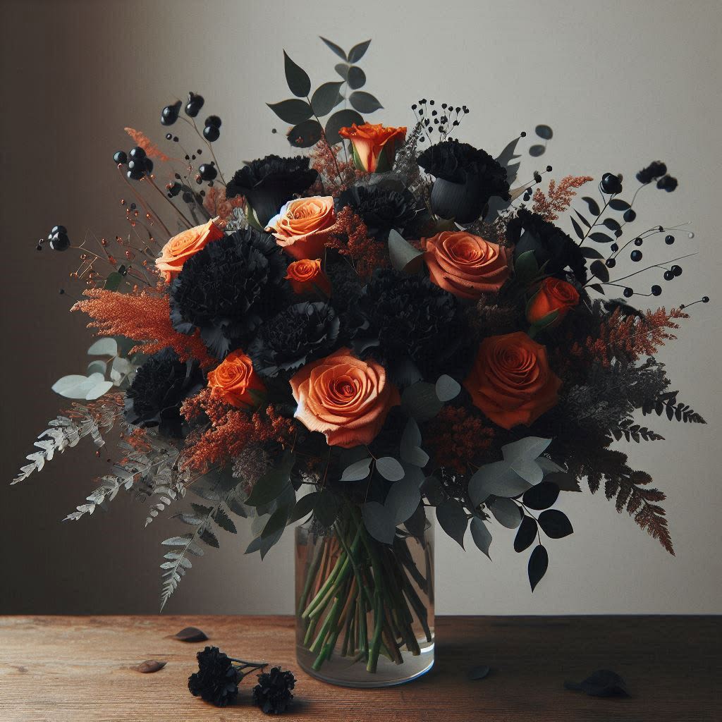 Midnight Harvest by Latin Lady Flowers - Unearth the beauty of the night with our "Midnight Harvest" floral arrangement. This gothic-inspired creation captivates with a stunning contrast of vibrant orange roses and lush greenery, nestled against the mysterious allure of black carnations. The rich, dramatic hues evoke a sense of timeless elegance and enchantment, perfect for those who appreciate the darker side of beauty. Ideal for special occasions or to make a bold statement, "Midnight Harvest" brings an exquisite touch of gothic romance to any setting.  THIS PRODUCT CONTAINS PAINT, STAINS, AND/OR DYES TO PRESERVE THE COLOR THEME PRESENTED HERE. FLOWERS MAY EMIT FUMES. THE COLORS DEPICTED HERE DO NOT OCCUR IN NATURE. ALL SALES ARE FINAL. PLEASE CONTACT US FOR QUESTIONS REGARDING THIS ARRANGEMENT. 