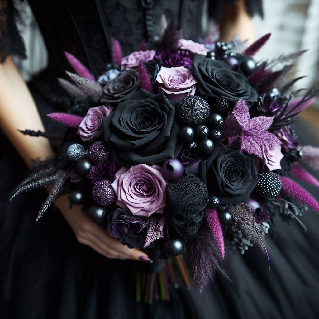 Mystic Bridal Bouquet - Elevate your gothic wedding with the "Mystic Midnight Bridal Bouquet." This ethereal arrangement is a captivating blend of black and deep purple roses, complemented by dark foliage and enchanted with glittery accents. Intricate ornamental decorations add a touch of mystique to this stunning bouquet. Perfect for the bride who embraces the beauty in darkness, this bouquet promises to make your special day unforgettable with its dramatic elegance and timeless charm.  THIS PRODUCT CONTAINS PAINT, STAINS, AND/OR DYES TO PRESERVE THE COLOR THEME PRESENTED HERE. FLOWERS MAY EMIT FUMES. THE COLORS DEPICTED HERE DO NOT OCCUR IN NATURE. ALL SALES ARE FINAL. PLEASE CONTACT US FOR QUESTIONS REGARDING THIS ARRANGEMENT. 