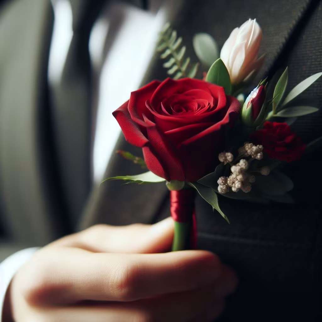 Classic Love Boutonniere by Latin Lady Flowers - A simple yet striking accent, the Classic Love Boutonniere embodies timeless elegance. Featuring a single vibrant red rose, complemented by fresh greenery, this boutonniere is designed to add a distinguished touch to any wedding ensemble. Perfect for the groom, groomsmen, or honored guests, it seamlessly enhances the romantic aesthetic of your special day. An effortlessly sophisticated detail that completes the look with charm and refinement. 