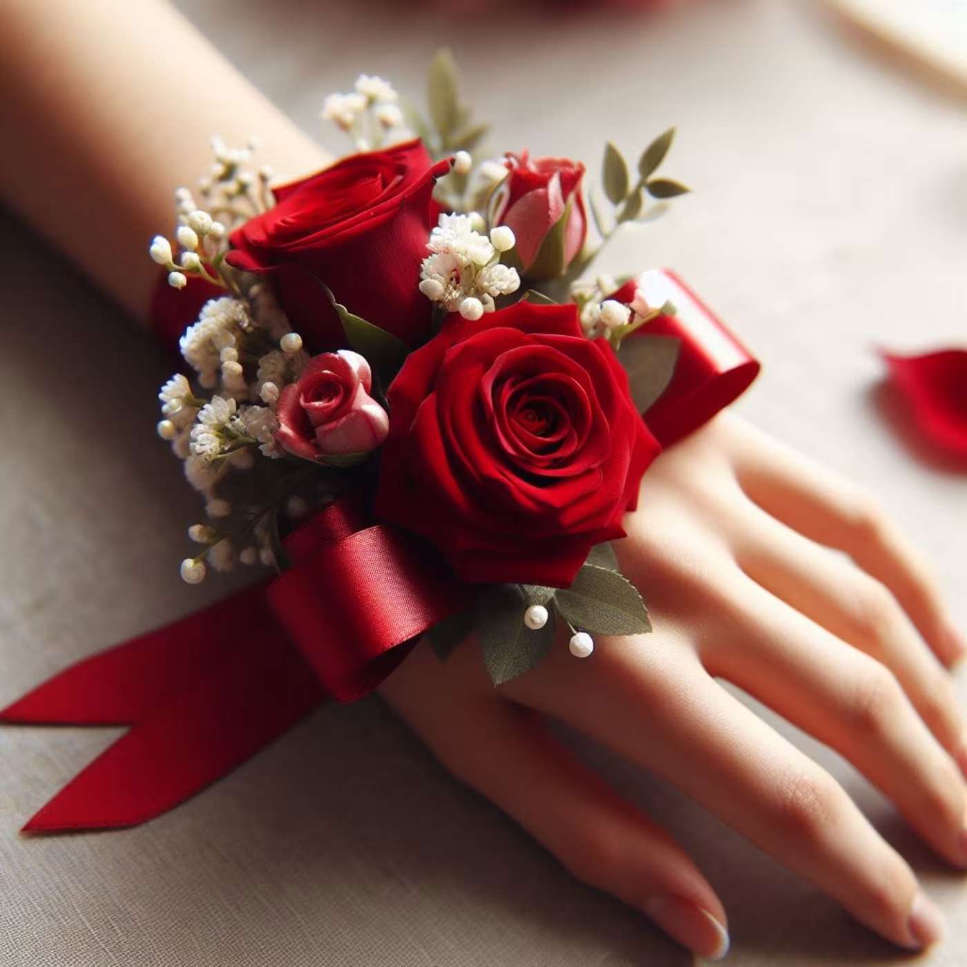Traditional Red Wrist Corsage by Latin Lady Flowers - A classic and elegant floral accessory, this wrist corsage features vibrant red spray roses, delicately accented with soft baby's breath. Designed to embody timeless beauty, this corsage is perfect for weddings, proms, and formal events. The lush arrangement of red roses symbolizes love and celebration, while the airy baby's breath adds a touch of charm and refinement. Secured with a stylish wristband, this exquisite piece ensures effortless wear while complementing any sophisticated ensemble.
