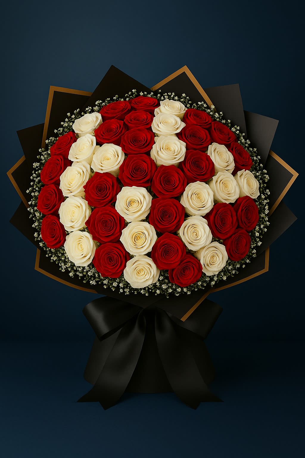 Blanco y Rojo Ramo Buchon by Latin Lady Luxe - 50 Roses standard. 25 White, 25 Red 75 Roses Deluxe 100 Roses Premium