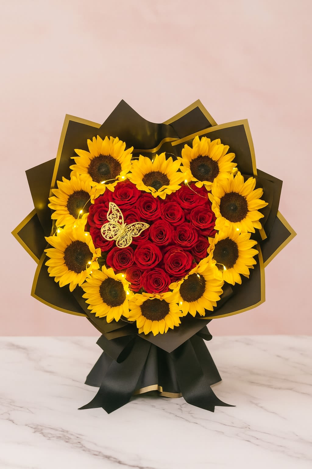Ecos del Corazón Ramo by Latin Lady Luxe - Ecos del Corazón is a radiant, heart‑shaped expression of love. This premium bouquet features 24 velvety red roses at the center, surrounded by sunflowers arranged in a perfect heart, symbolizing warmth, devotion, and the way love echoes outward.  Wrapped in layered Korean‑style premium paper and finished with decorative ribbons, this bouquet blends luxury with heartfelt sentiment. Soft battery‑operated fairy lights are woven throughout the arrangement, creating an ethereal glow that makes the entire piece feel magical — day or night.  Bold, bright, and unforgettable, Ecos del Corazón is perfect for anniversaries, proposals, birthdays, or any moment when you want your love to be seen and felt.