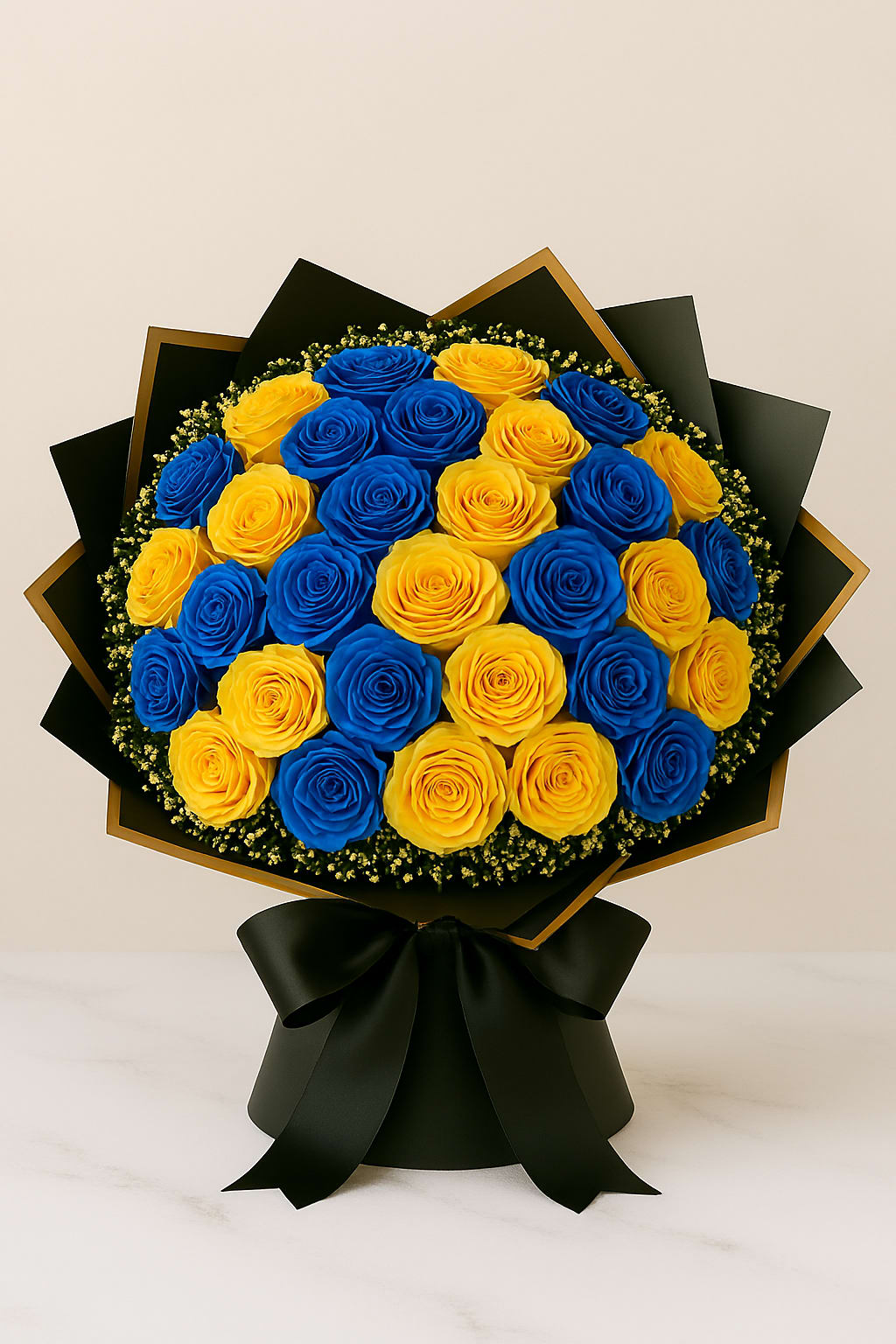 Ramo Azul Marino y Amarillo by Latin Lady Luxe - Rosas naturales pintadas de azul marino con rosas amarillas. 50 Roses standard 75 Roses Deluxe 100 Roses Premium