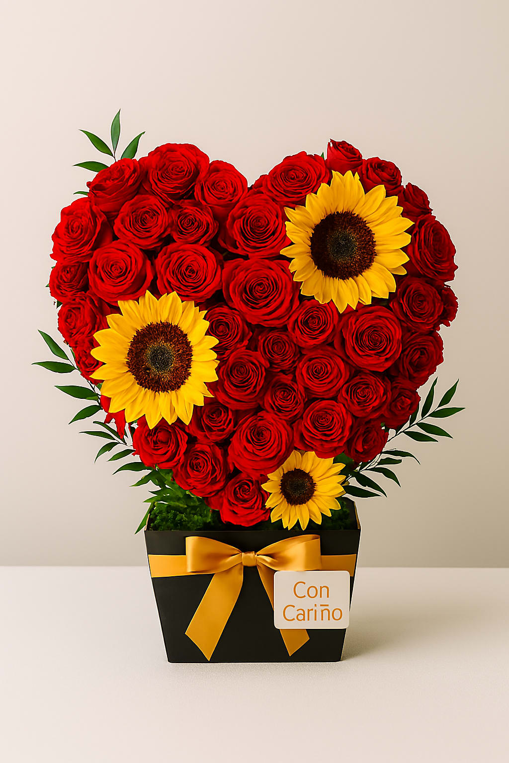 Corazón Radiante by Latin Lady Tradicional - Un corazón floral lleno de luz y calidez, diseñado con rosas rojas frescas y acentos de girasol que iluminan todo el arreglo. Su combinación vibrante y su forma definida lo convierten en un detalle único, perfecto para expresar cariño, gratitud o admiración.  A floral heart filled with warmth and brightness, designed with fresh red roses and sunflower accents that bring the entire piece to life. Its vibrant combination and defined shape make it a unique, meaningful arrangement — perfect for expressing affection, gratitude, or admiration.  