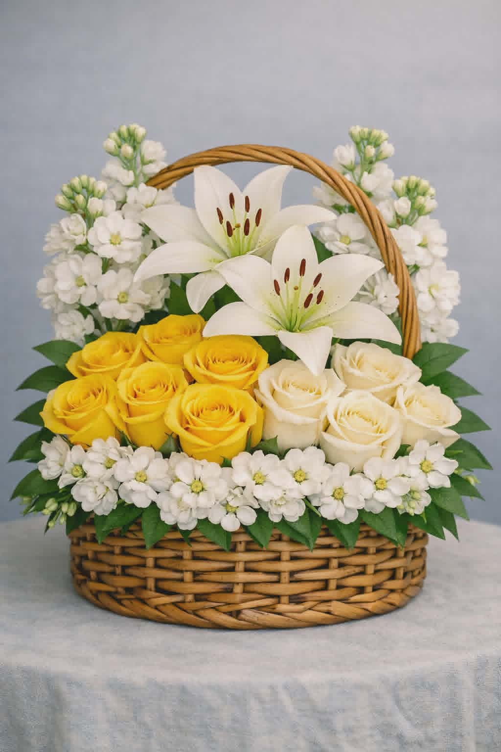 Caricia del Sol by Latin Lady Flowers - Caricia del Sol es un arreglo lleno de luz y energía positiva. Combina rosas amarillas vibrantes con flores blancas frescas para crear un diseño brillante, suave y elegante. Perfecto para celebrar a mamá, enviar buenos deseos o iluminar cualquier espacio. Cada pieza se arma con flores frescas del día para garantizar belleza y duración.