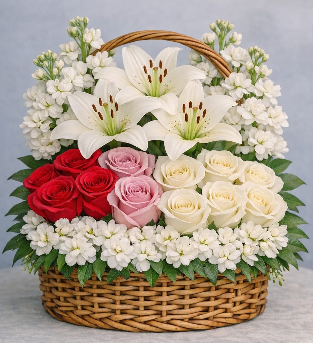 Dulce Armonía by Latin Lady Flowers - Dulce Armonía reúne tres tonos clásicos —rosa, rojo y blanco— en un arreglo delicado y versátil. Su mezcla de colores crea una sensación de equilibrio y dulzura, ideal para cumpleaños, agradecimientos, celebraciones familiares o simplemente para alegrar el día de alguien especial. Elaborado con flores frescas seleccionadas cuidadosamente.
