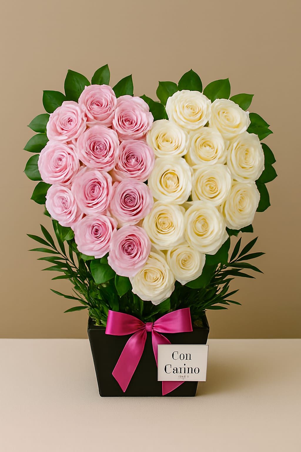  Corazón Dual by Latin Lady Tradicional - Un corazón floral moderno en tonos rosados y blancos, diseñado con rosas frescas en una base negra con listón. La combinación de colores crea un contraste suave y elegante, perfecto para ocasiones especiales, gestos románticos o como símbolo de cariño. Podemos cambiar colores a su gusto. No mas de dos (2) colores, por favor.  A modern floral heart in soft pink and white tones, designed with fresh roses in a black base with ribbon. The color combination creates a gentle, elegant contrast — perfect for special occasions, romantic gestures, or as a symbol of affection. We can change the color scheme to your liking. No more than two (2) color choices, please. 