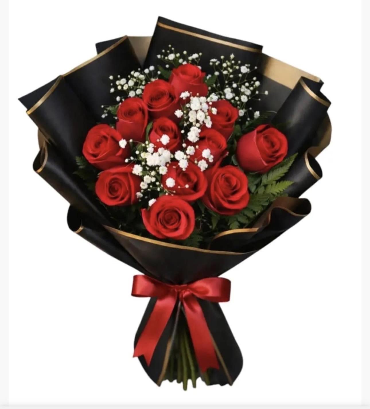Bouquet of red roses with baby's breath in black and gold wrapping