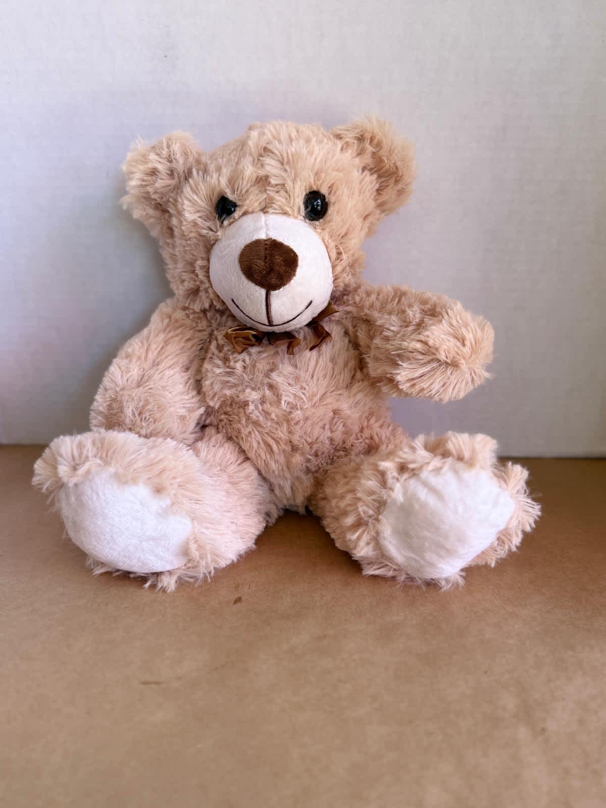 Plush teddy bear with a brown ribbon sitting against a plain background