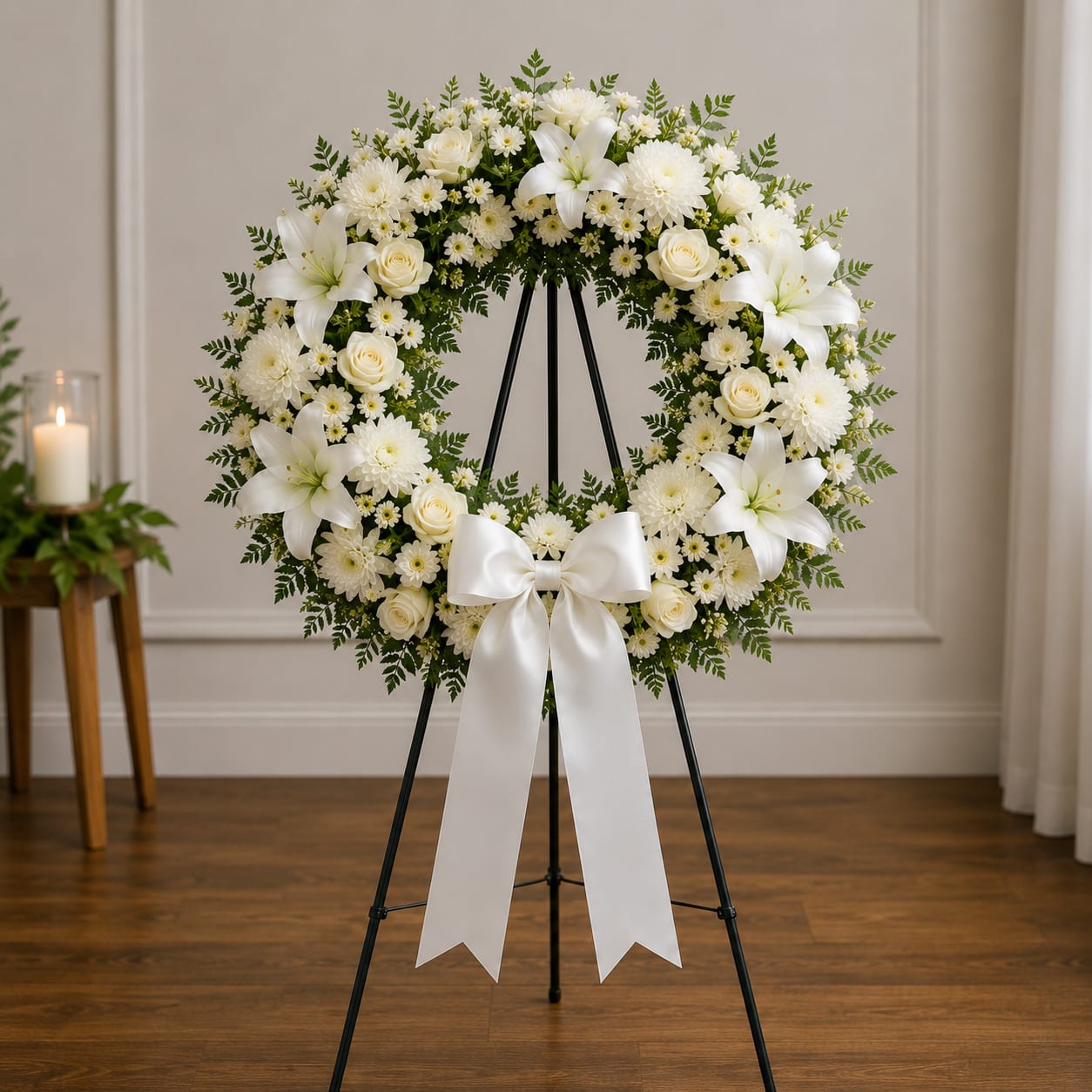 White floral wreath on a black stand with a white ribbon bow