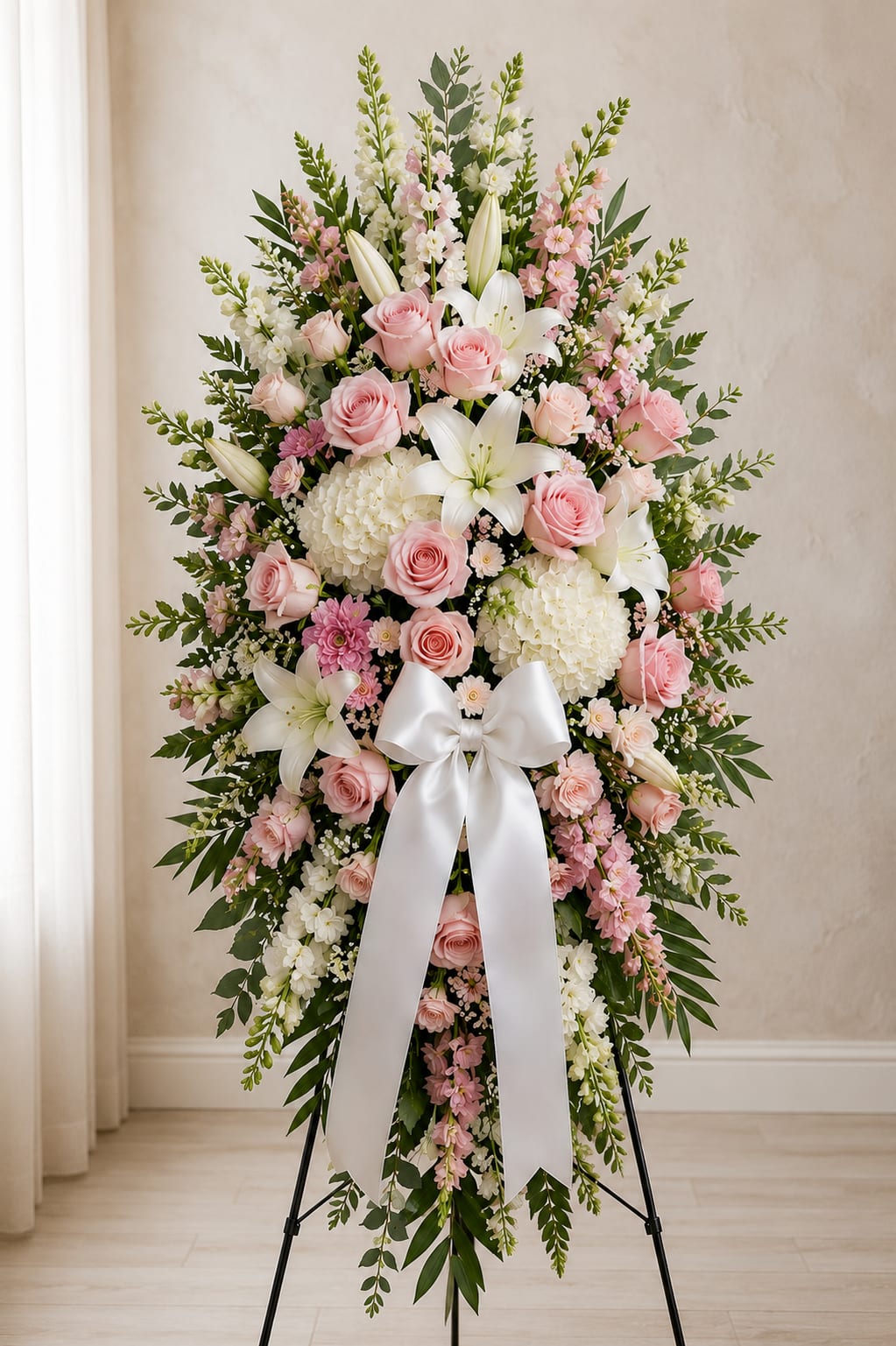 Standing floral spray with pink roses, white lilies, and a white ribbon bow