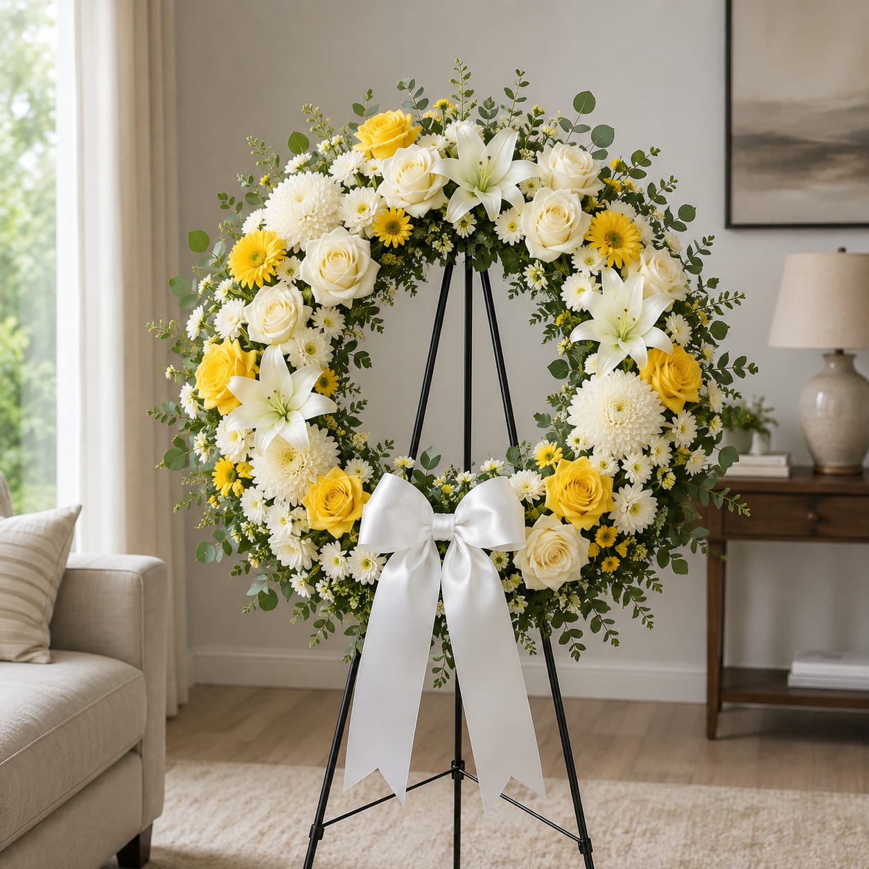 Yellow and white floral wreath on a black stand with a white bow