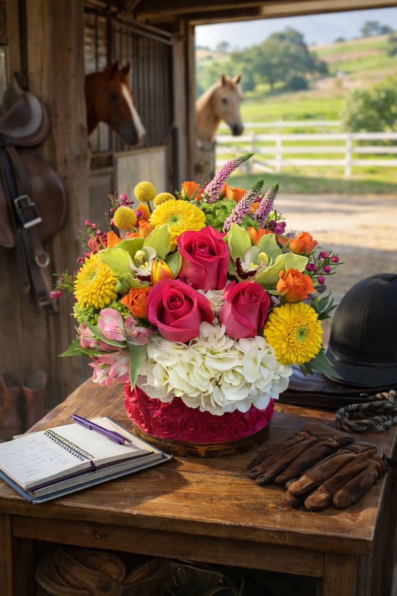 Colorful mixed flower arrangement in a round box on a wooden table
