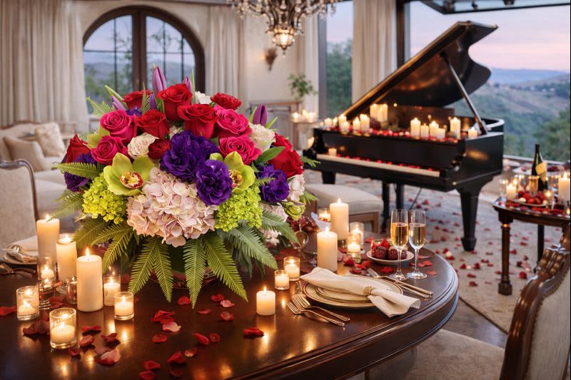 Large mixed flower centerpiece on a candlelit dining table with a grand piano in the background