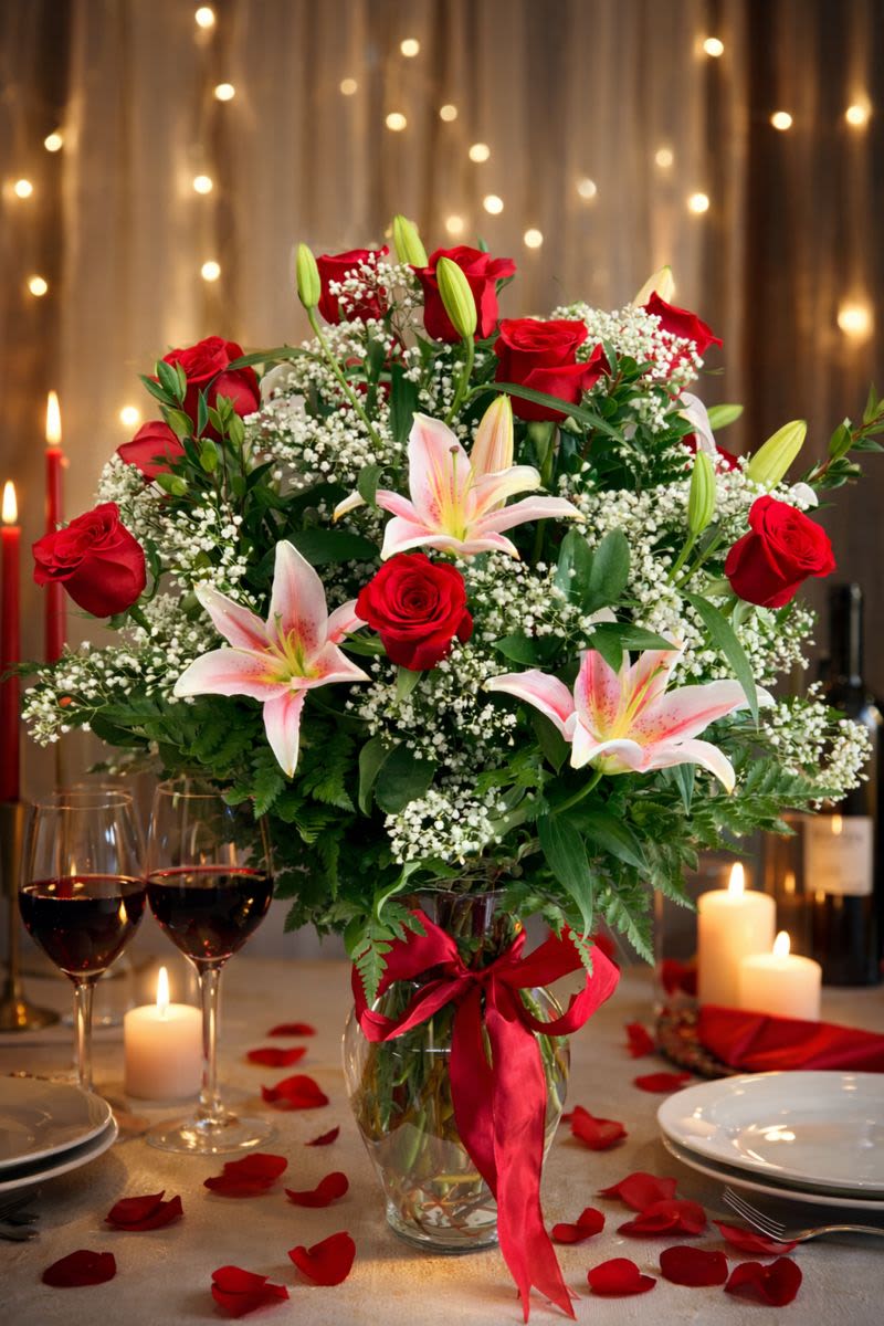 Bouquet of red roses and pink lilies in a glass vase with a red ribbon