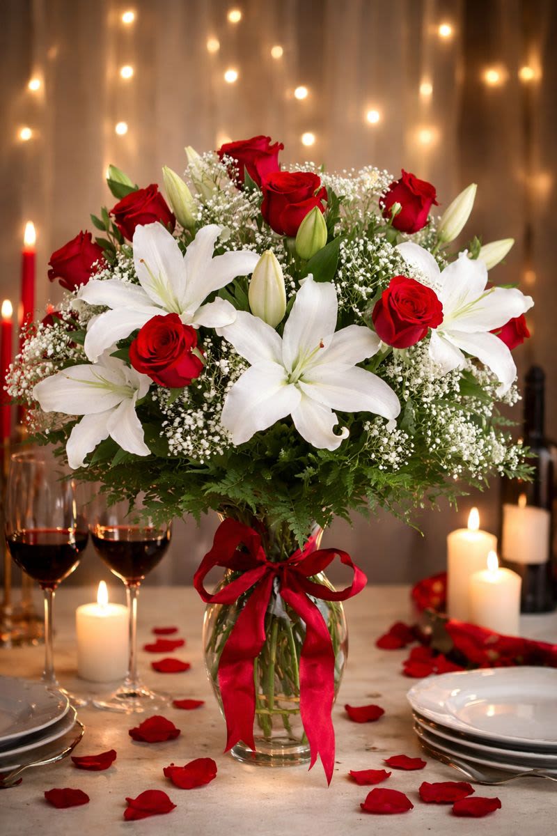 Red roses and white lilies in a glass vase with a red ribbon